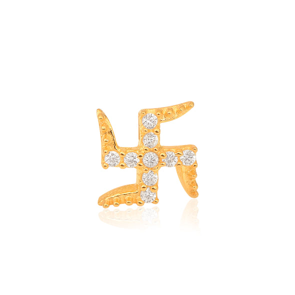 White CZ Swastik Symbol Nose Pin - Sterling Silver Gold Plated