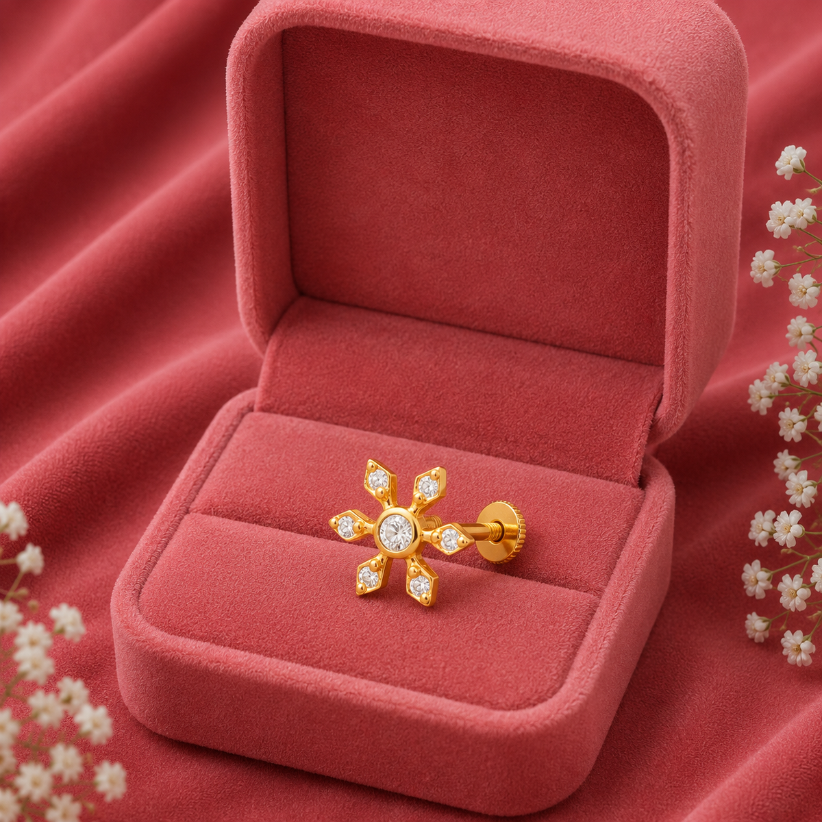 White CZ Floral Star Design Nose Pin - Sterling Silver Gold Plated