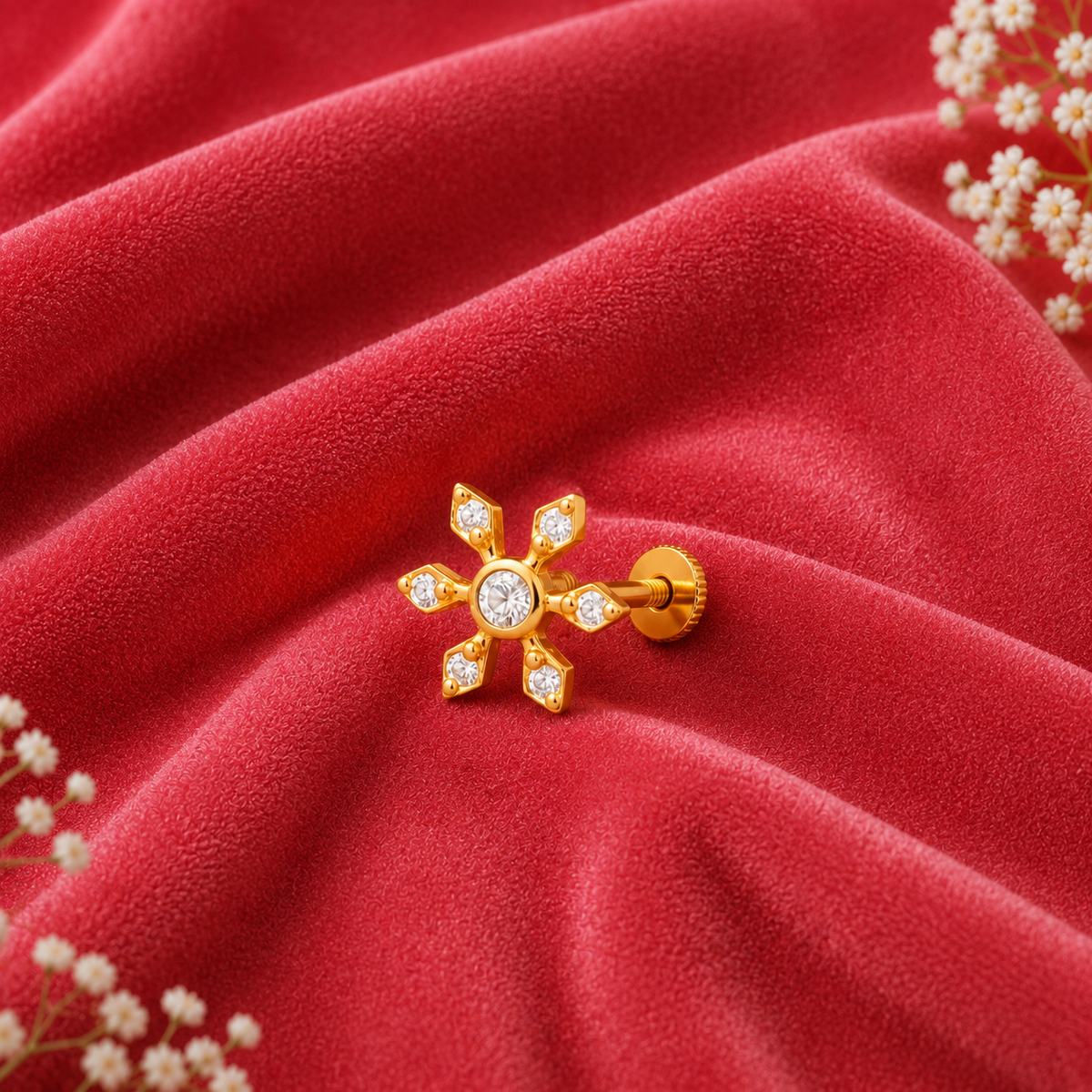 White CZ Floral Star Design Nose Pin - Sterling Silver Gold Plated