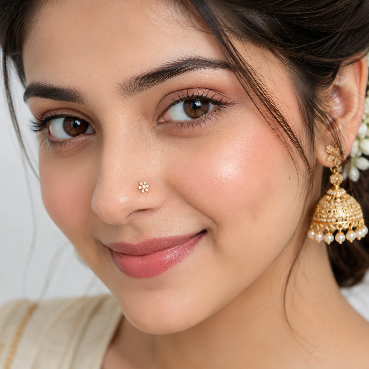 White CZ Floral Cluster Nose Pin - Sterling Silver Gold Plated