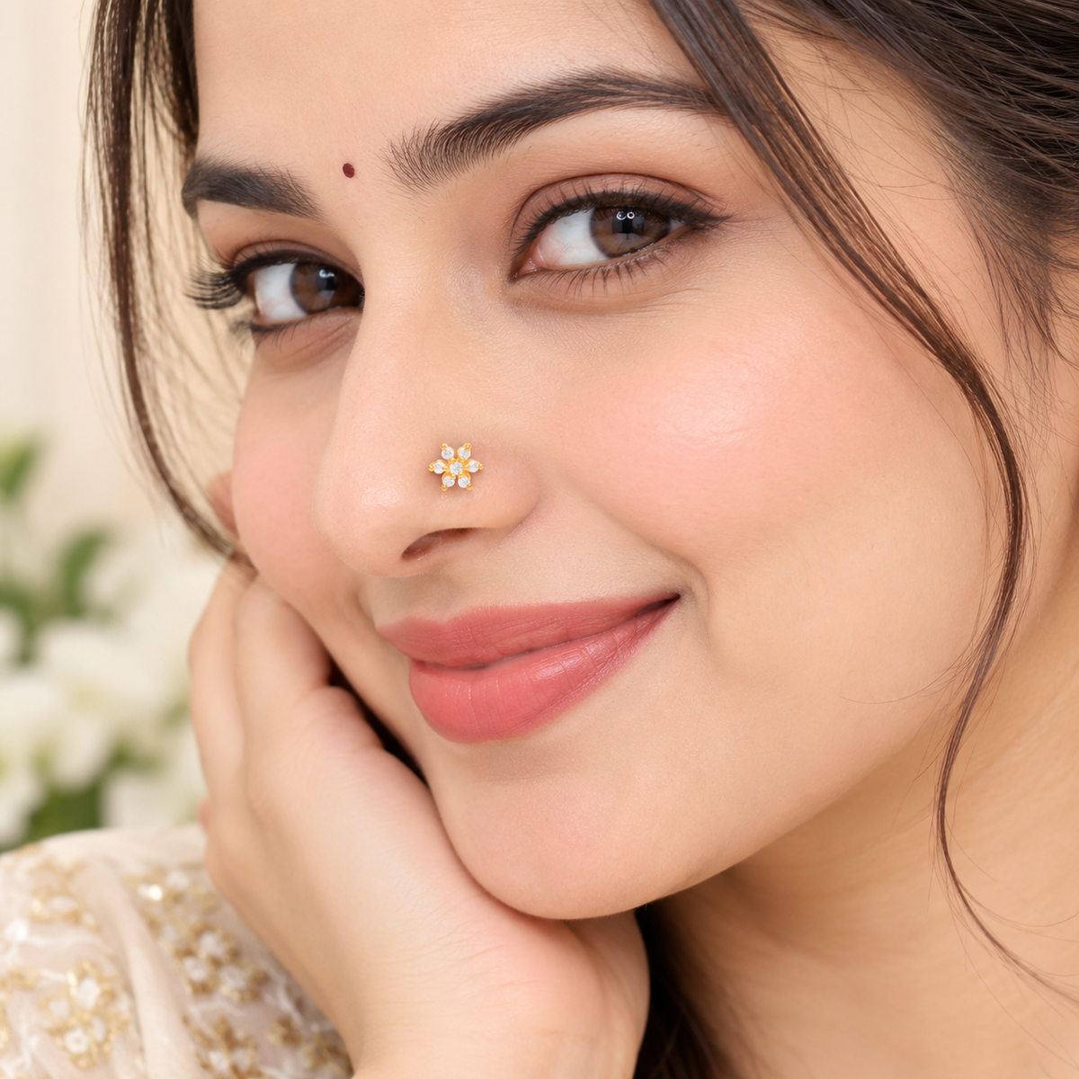 White CZ Floral Cluster Nose Pin - Sterling Silver Gold Plated