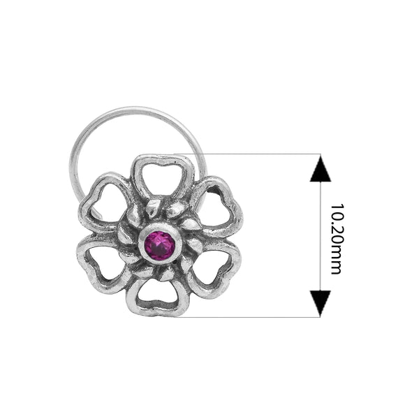 Pink Gemstone Floral Nose Pin - Sterling Silver