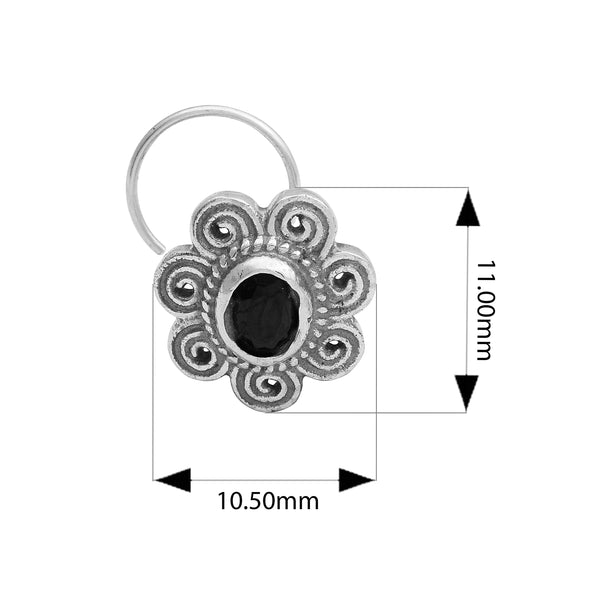 Black Gemstone Floral Nose Pin - Sterling Silver