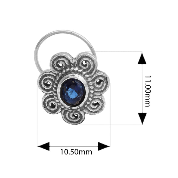 Blue Gemstone Floral Nose Pin - Sterling Silver