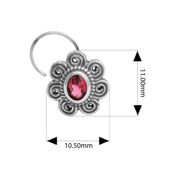 Red Gemstone Floral Nose Pin - Sterling Silver