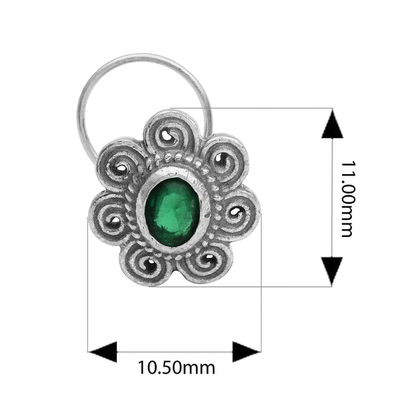 Spiral Floral Design Green Stone Nose Pin - Sterling Silver