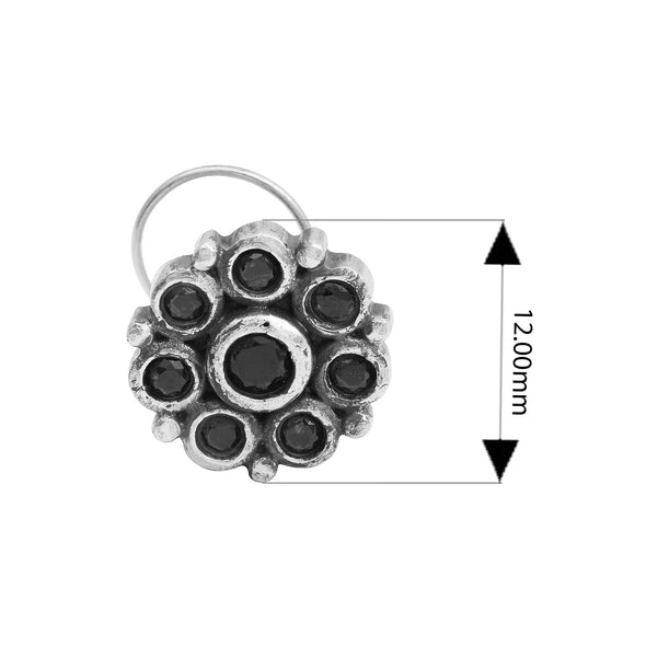 Floral Cluster Design Black Stone Nose Pin - Sterling Silver