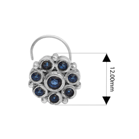 Floral Cluster Design Blue Stone Nose Pin - Sterling Silver