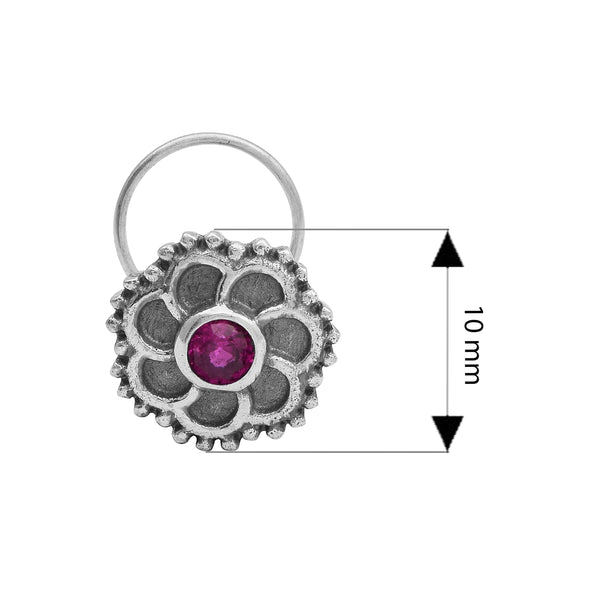 Floral Oxidized Spiral Design Red Stone Nose Pin - Sterling Silver