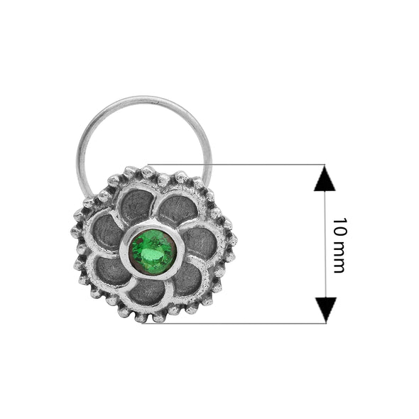 Floral Oxidized Spiral Design Green Stone Nose Pin - Sterling Silver