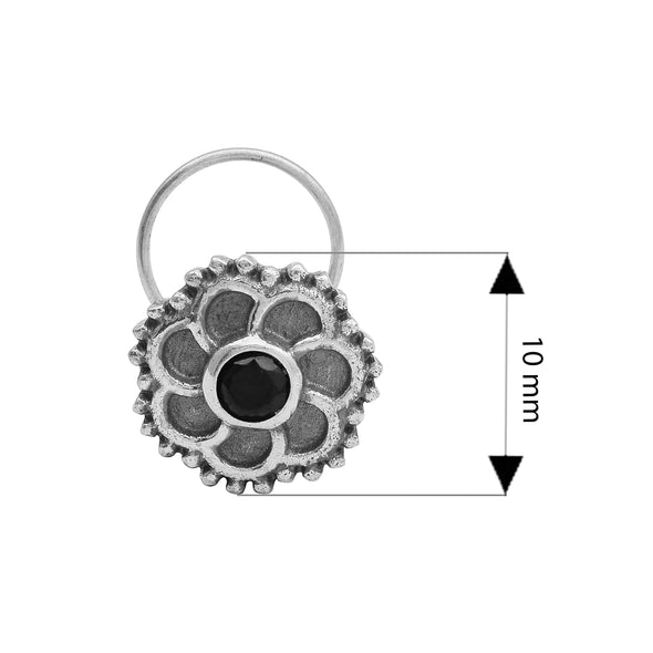 Floral Oxidized Spiral Design Black Stone Nose Pin - Sterling Silver