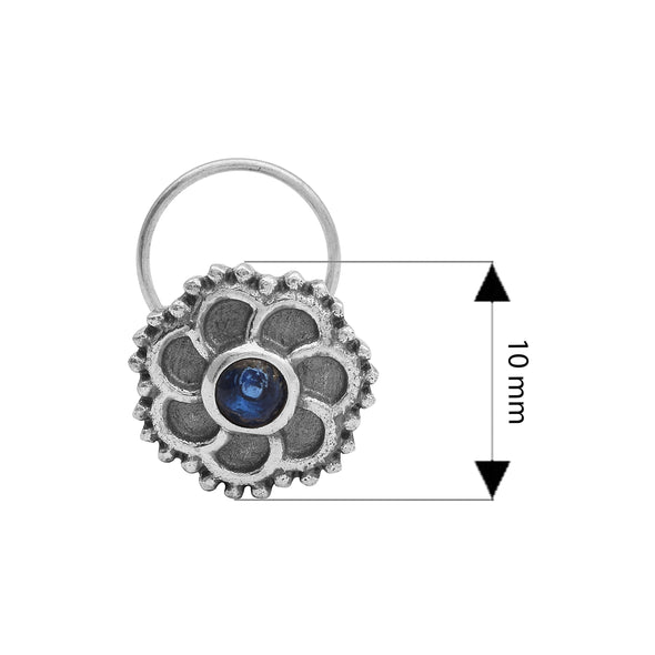 Floral Oxidized Spiral Design Blue Stone Nose Pin - Sterling Silver