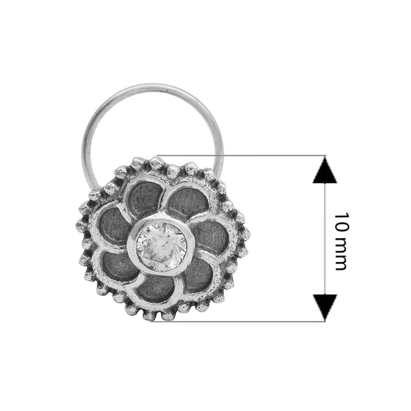 Floral Oxidized Spiral Design Clear Stone Nose Pin - Sterling Silver