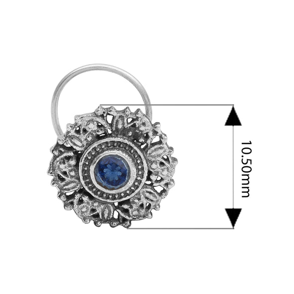Antique Floral Sparkling Blue Centre Nose Pin - Sterling Silver