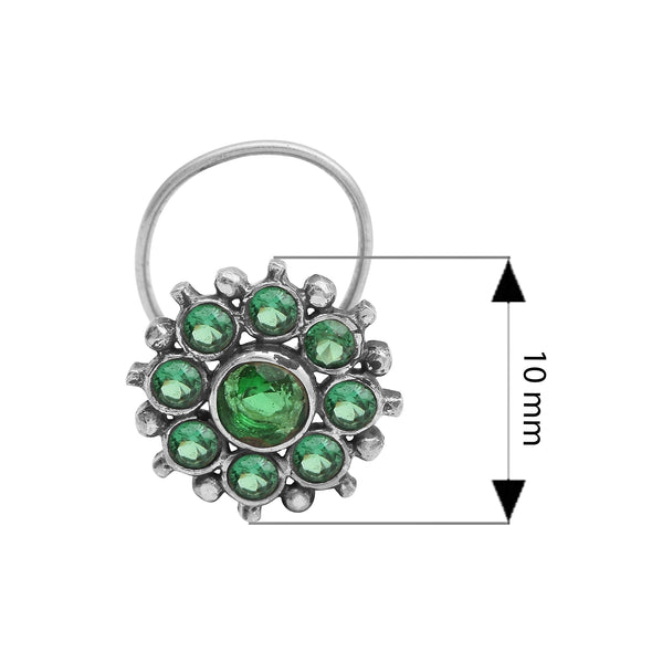 Floral Cluster Green Stone Nose Pin - Sterling Silver