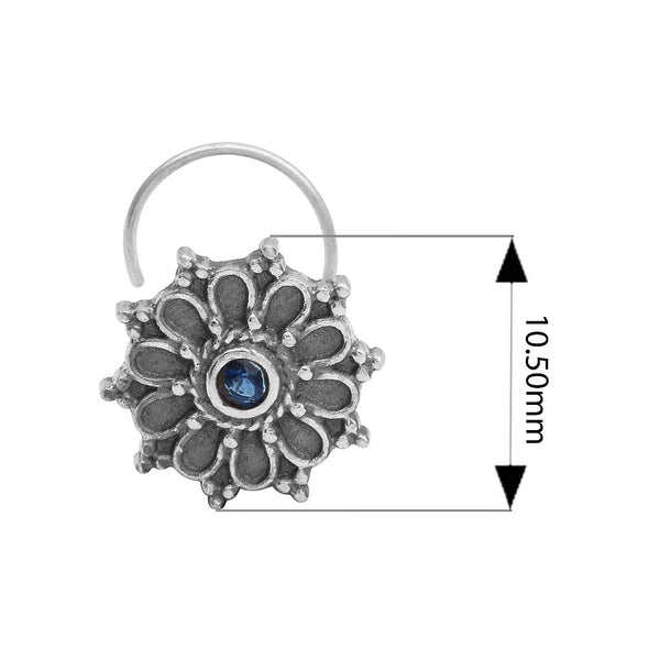 Hoop Design Blue Stone Floral Nose Pin - Sterling Silver