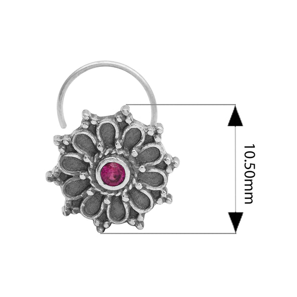 Hoop Design Red Stone Floral Nose Pin - Sterling Silver