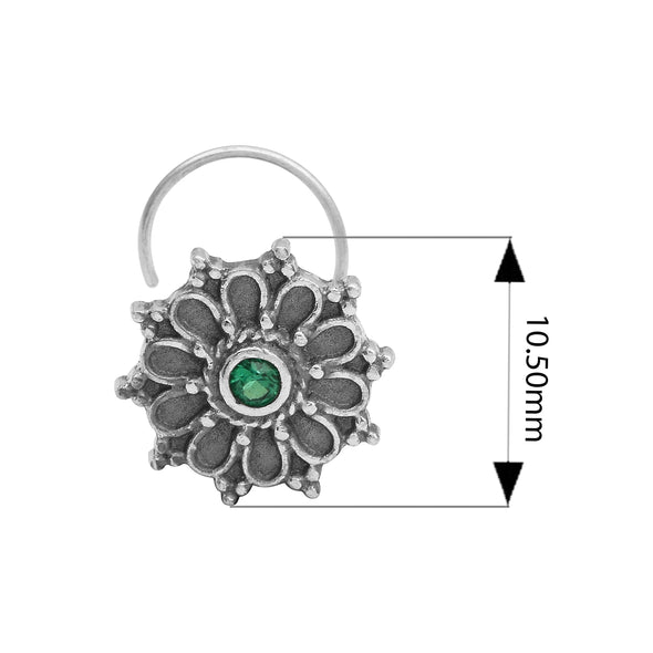 Hoop Design Green Stone Floral Nose Pin - Sterling Silver