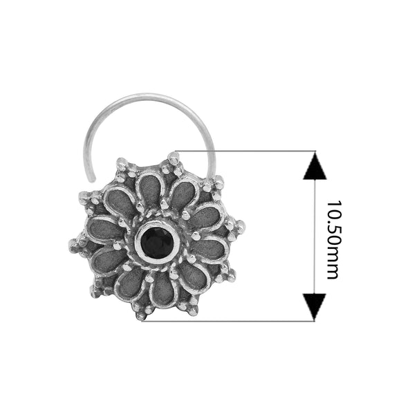Hoop Design Black Stone Floral Nose Pin - Sterling Silver