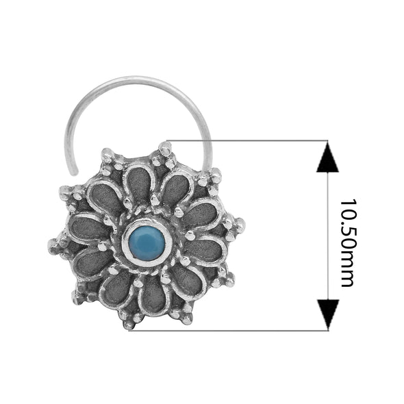 Hoop Design Turquoise Stone Floral Nose Pin - Sterling Silver