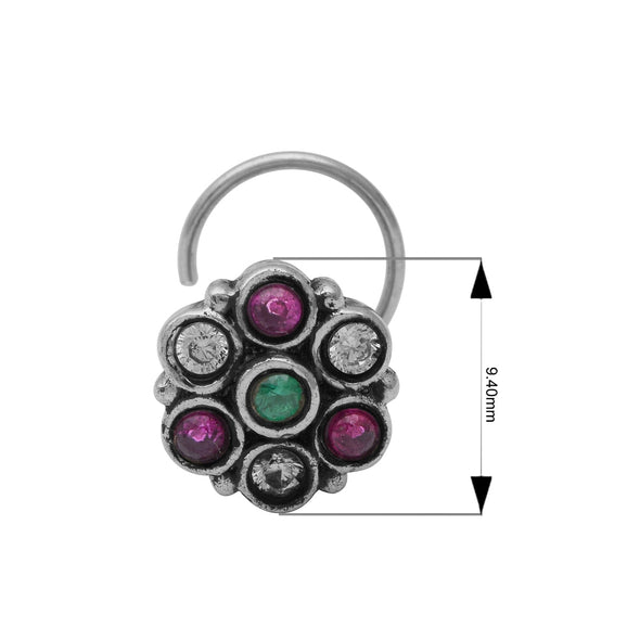 Traditional Navratna Multi-Color Stone Nose Pin - Sterling Silver