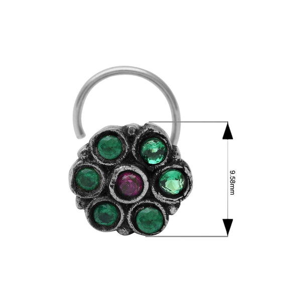 Traditional Navratna Green Stone Nose Pin - Sterling Silver