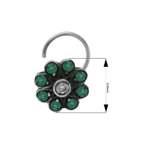 Traditional Navratna Green & White Stone Nose Pin - Sterling Silver