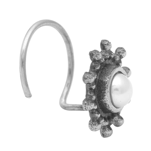 Pearl Round Dotted Halo Floral Nose Ring - Sterling Silver