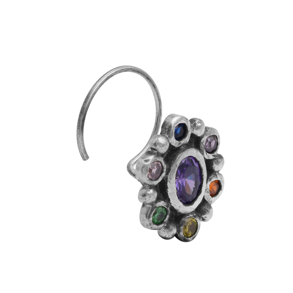 Navratna Oval Purple Nose Pin - Sterling Silver