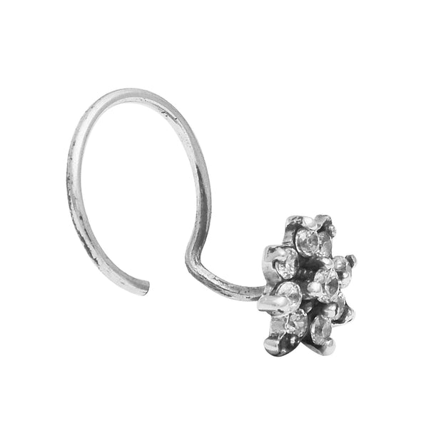 White Gemstone Starburst Petal Design Nose Pin - Sterling Silver