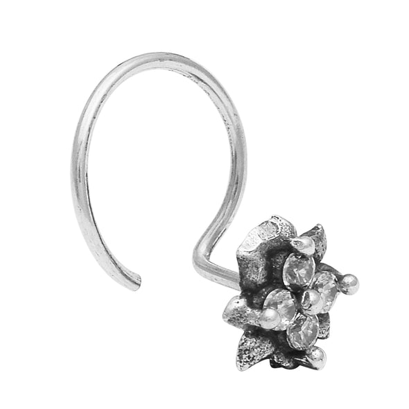 White Gemstone Floral Nose Pin - Sterling Silver