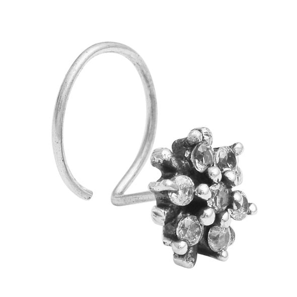 White Gemstone Floral Cluster Nose Pin - Sterling Silver