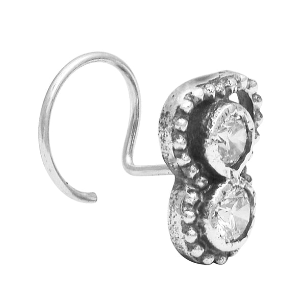 White Gemstone Dual Stone Nose Pin - Sterling  Silver