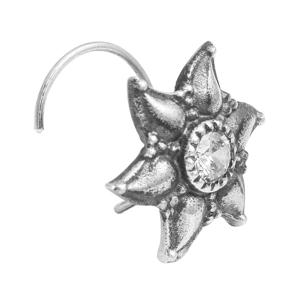 White Gemstone Oxidized Floral Nose Pin - Sterling Silver