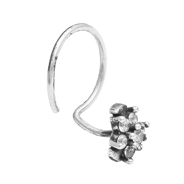 White Gemstone Nose Pin Delicate Floral Drop Design - Sterlinf Silver