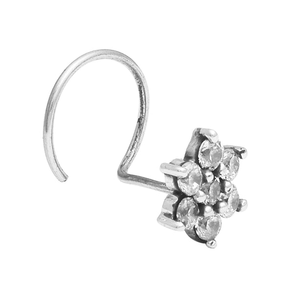White Gemston Floral Nose Pin - Sterling Silver