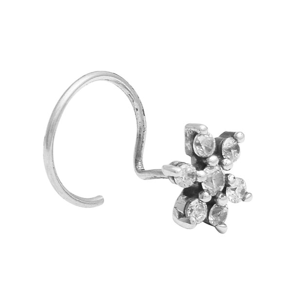 White Gemstone Floral Nose Pin Elegant Sparkle - Sterling Silver