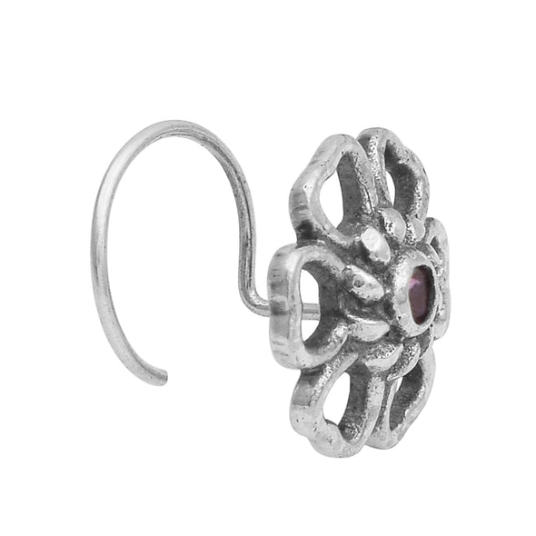 Pink Gemstone Floral Nose Pin - Sterling Silver