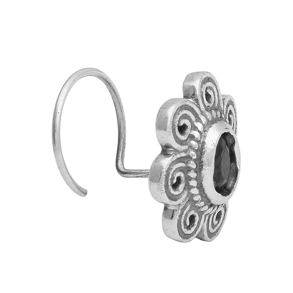 Black Gemstone Floral Nose Pin - Sterling Silver