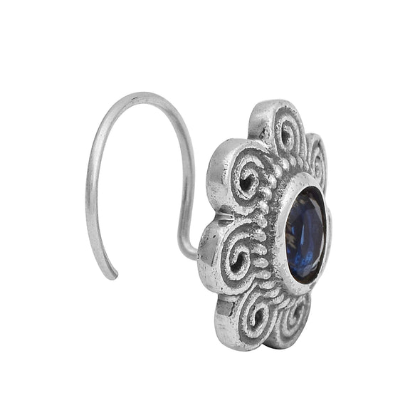 Blue Gemstone Floral Nose Pin - Sterling Silver