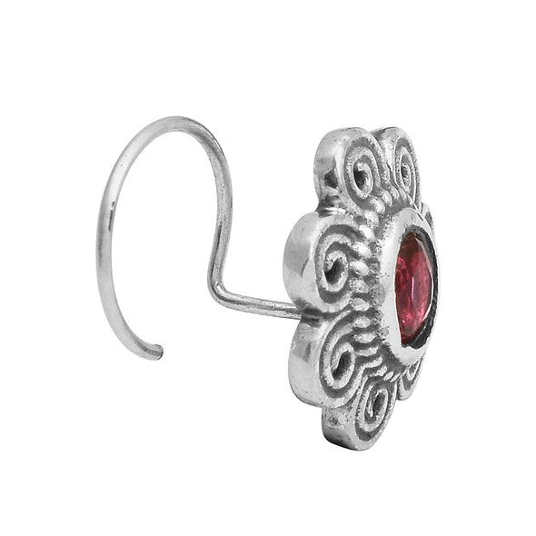 Red Gemstone Floral Nose Pin - Sterling Silver