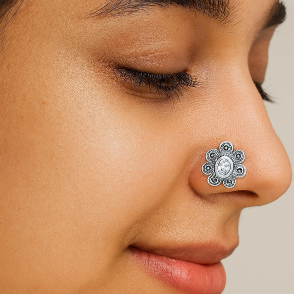 White Gemstone Nose Pin- Sterling Silver