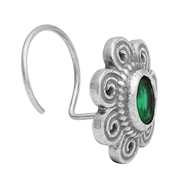 Spiral Floral Design Green Stone Nose Pin - Sterling Silver