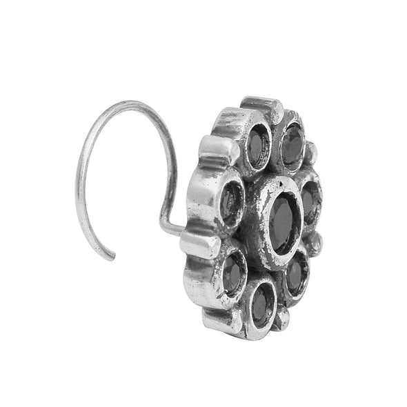 Floral Cluster Design Black Stone Nose Pin - Sterling Silver