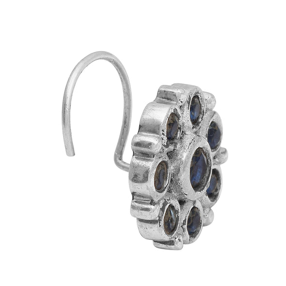 Floral Cluster Design Blue Stone Nose Pin - Sterling Silver