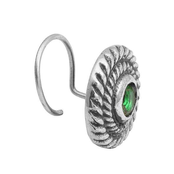 Spiral Design Green Gemstone Accent Nose Pin - Sterling Silver