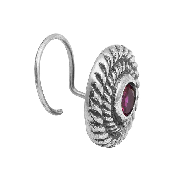 Spiral Design Red Gemstone Accent Nose Pin - Sterling Silver