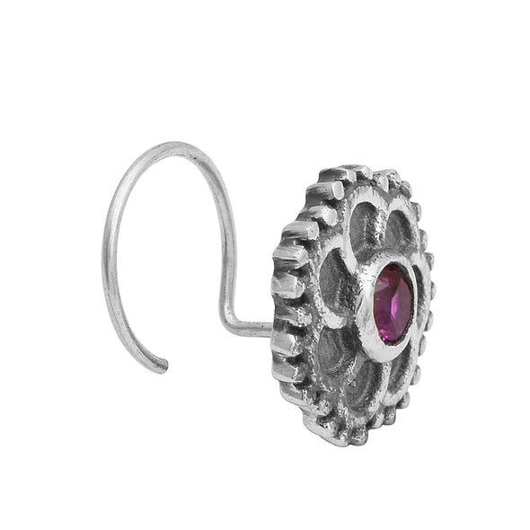 Floral Oxidized Spiral Design Red Stone Nose Pin - Sterling Silver