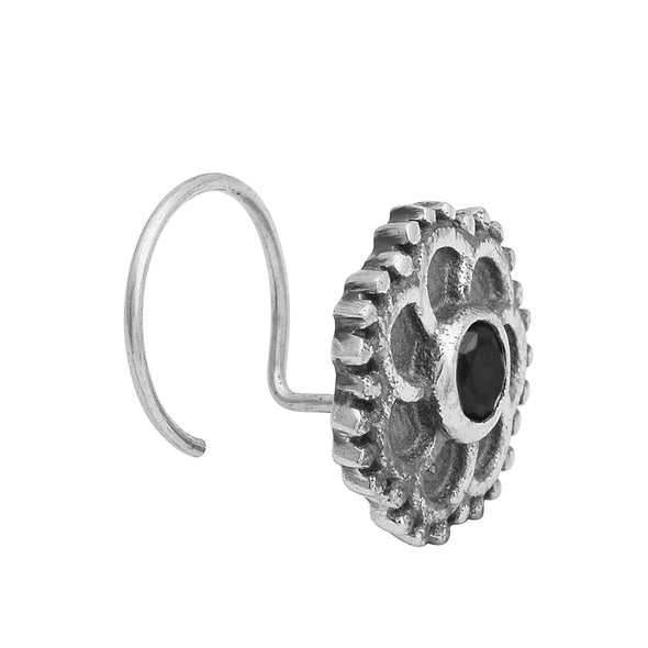 Floral Oxidized Spiral Design Black Stone Nose Pin - Sterling Silver