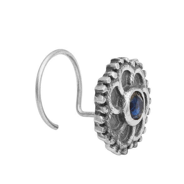 Floral Oxidized Spiral Design Blue Stone Nose Pin - Sterling Silver